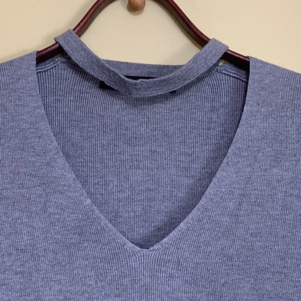 Olivaceous Gray Long Sleeve Light Ribbed Tight Knit Soft V-Neck Choker Sweater S - Picture 3 of 13